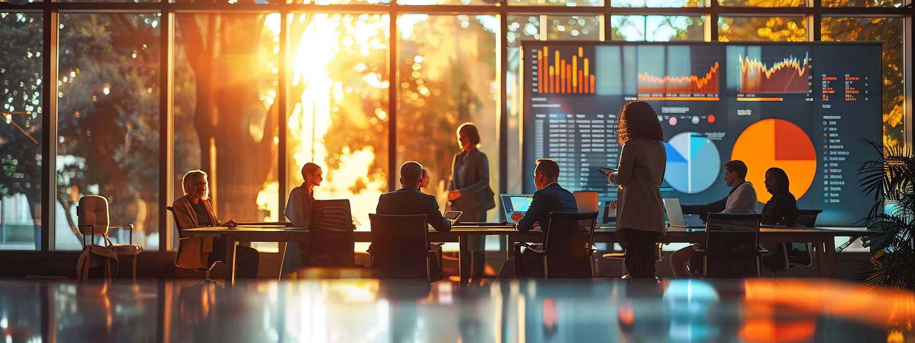 a bustling college administration office filled with diverse staff collaborating around a large table, surrounded by vibrant charts and digital screens that display graphs and software interfaces, under warm, natural light streaming through large windows.