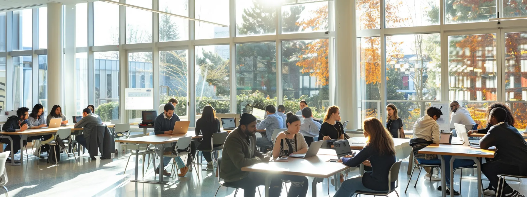 a dynamic and organized workspace filled with diverse faculty and staff engaged in collaborative discussions and evaluations, illuminated by soft, natural light streaming through large windows.