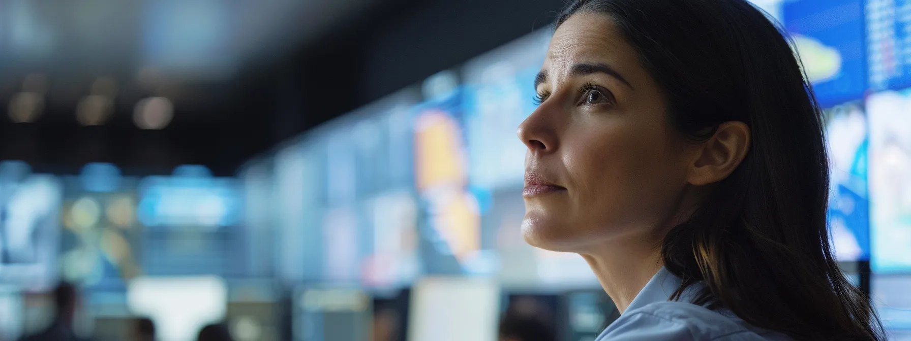 a focused college administrator, surrounded by digital screens displaying integrated management software, conveys determination and clarity while addressing the challenges of data access, compliance, and technological adaptation in a well-lit, modern office environment.