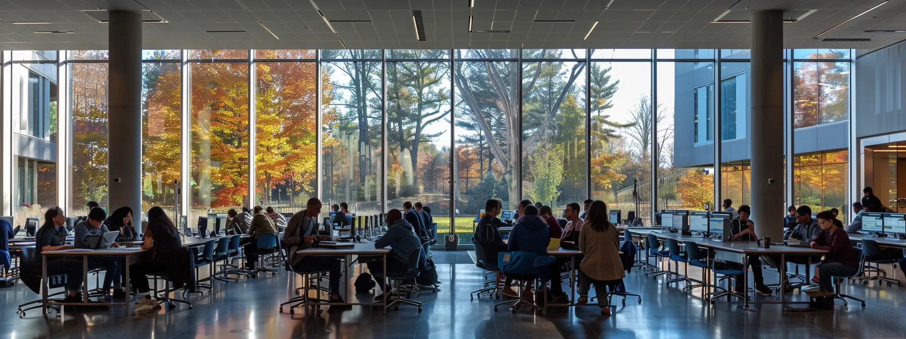 a modern college administration office bustling with activity, showcasing students and faculty engaged in dynamic discussions around digital screens and collaborative tools, illuminated by bright, natural light streaming through large windows.