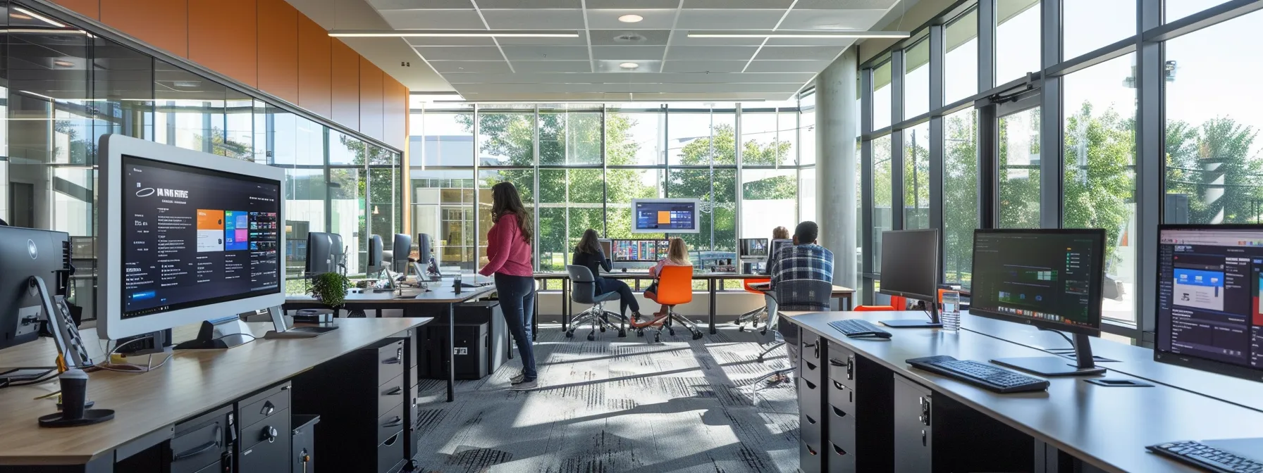 a modern college office bathed in soft natural light showcases sleek computer screens displaying user-friendly software interfaces, highlighting the theme of efficiency and innovation in educational administration.