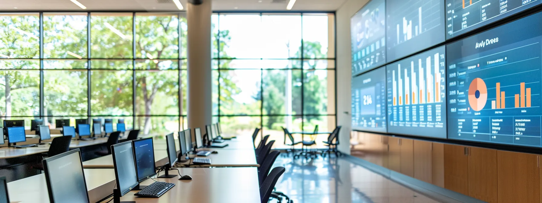 a sleek, modern college administration office filled with vibrant digital screens displaying student analytics and financial management tools, illuminated by soft, natural light streaming through large windows.