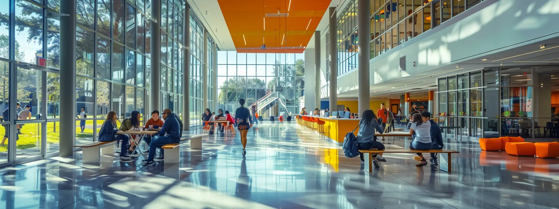 a vibrant, modern college campus bustling with students engaged in mobile technology, showcasing a seamless integration of administrative software that enhances connectivity and efficiency in their educational environment.