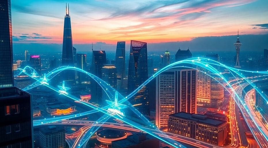 Futuristic cityscape with glowing digital pathways.