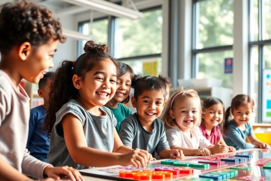 Children learning in a modern, bright classroom environment.