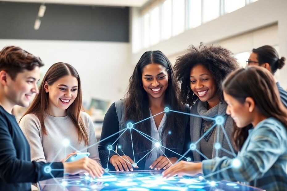 Students and educators interacting with a futuristic holographic display.