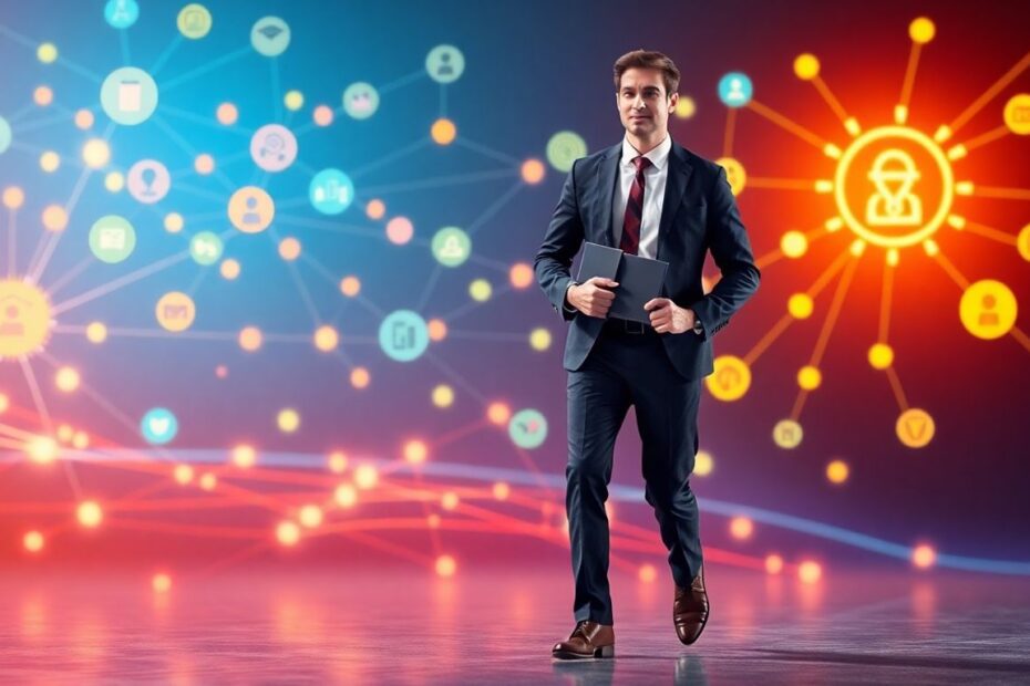 Professional advancing with diploma amidst digital learning network.