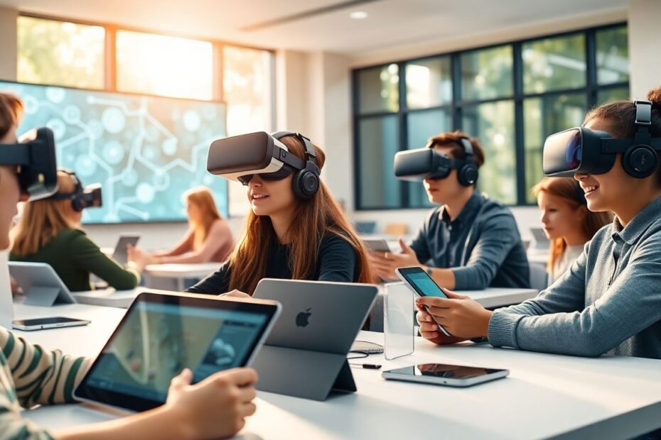 Students using VR headsets and tablets in modern classroom