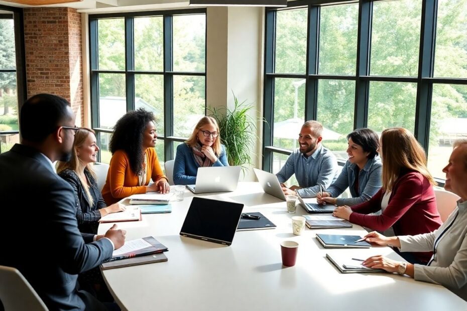 University leaders discussing around a conference table