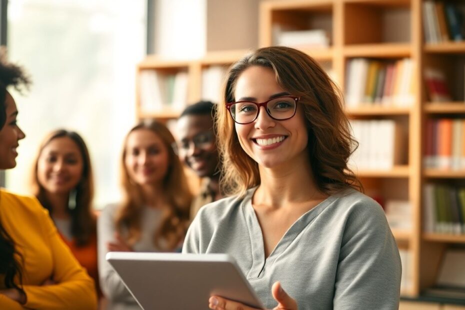 Teachers in a bright, modern classroom with educational technology.