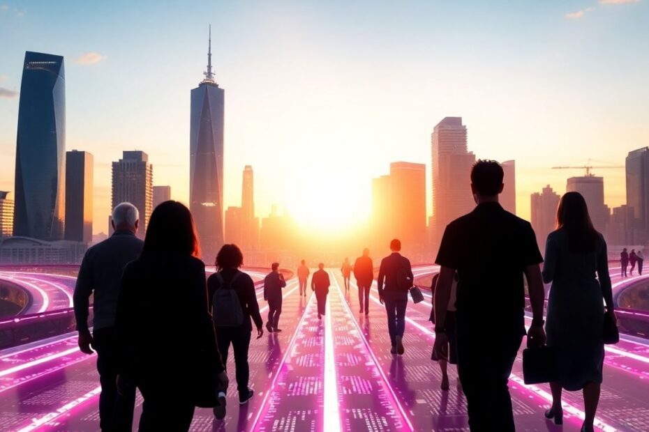 Futuristic cityscape with digital pathways and diverse people.