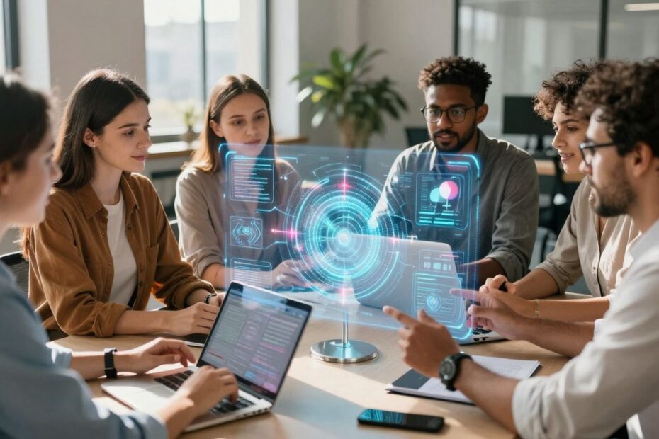 Edtech professionals interacting with a holographic learning interface.
