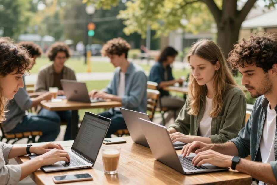 People working remotely in diverse, scenic locations.