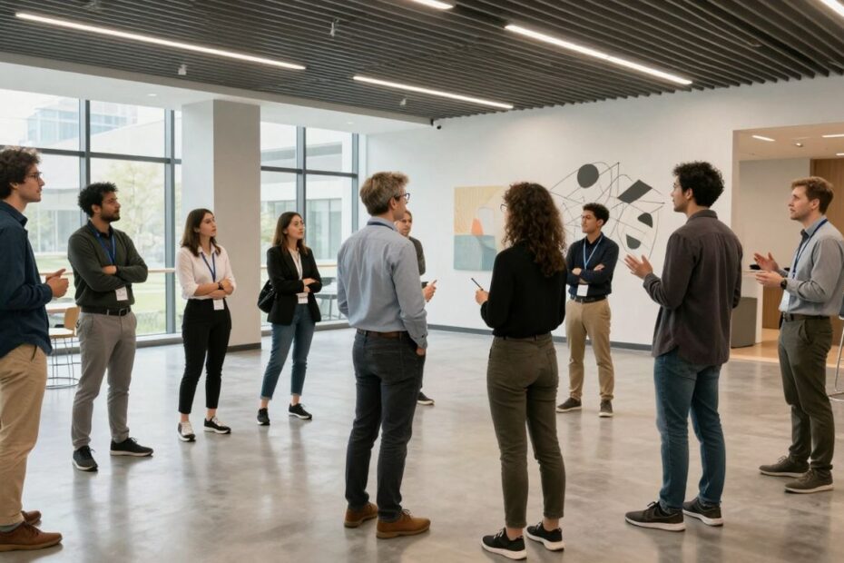 Academics collaborating at a future-focused higher education conference.