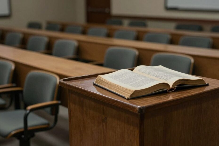 University lecture hall with scattered chairs, dim lighting, and an open textbook.