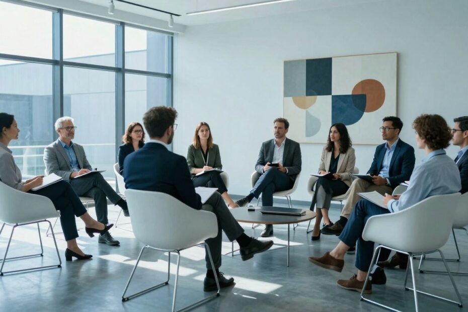 Professionals networking at a higher education conference.