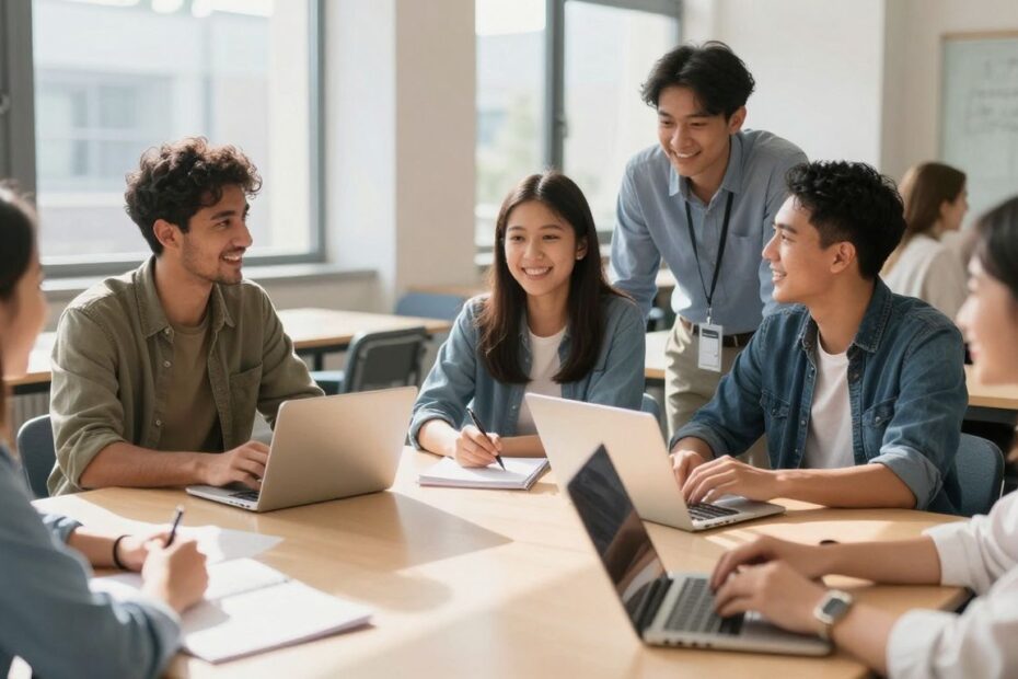Diverse group collaborating in a modern university setting.