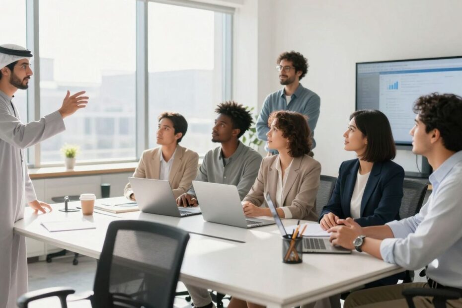 Professionals collaborating in a bright, modern office.