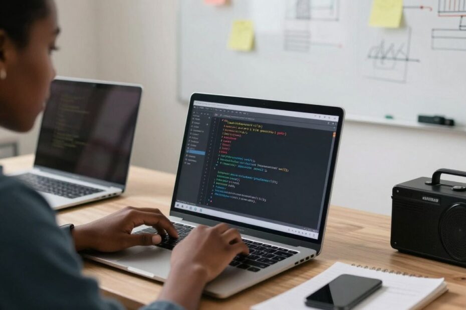 Edtech developer coding on a laptop in a modern workspace.