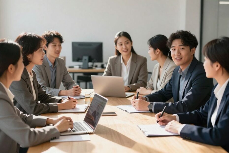 Diverse professionals collaborating in a modern office setting.