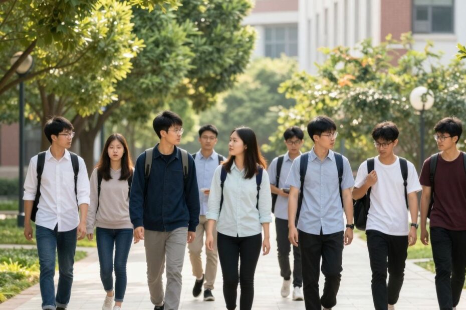 University students on campus, mental health theme.