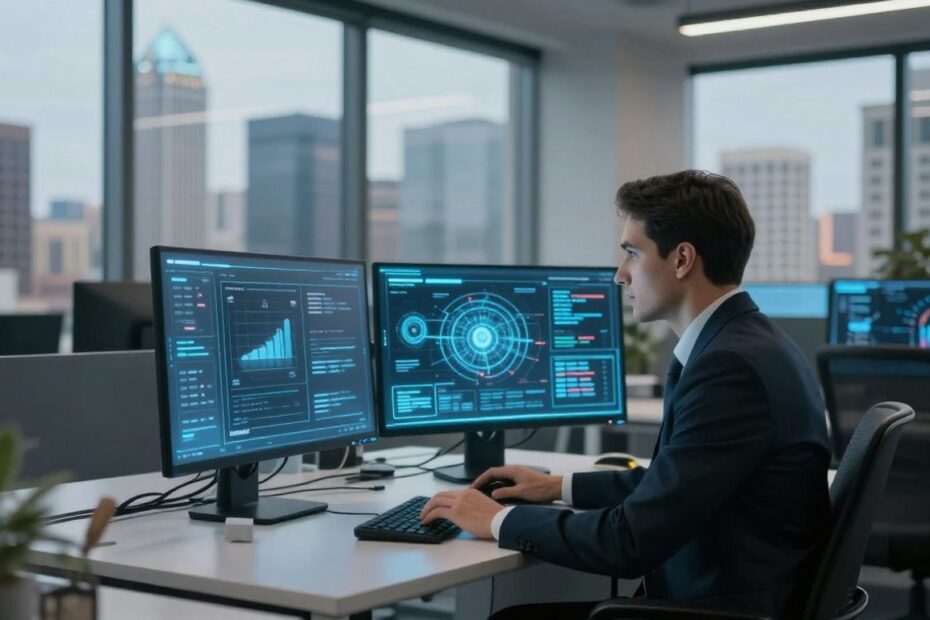 Dallas skyline with person in modern office using technology.