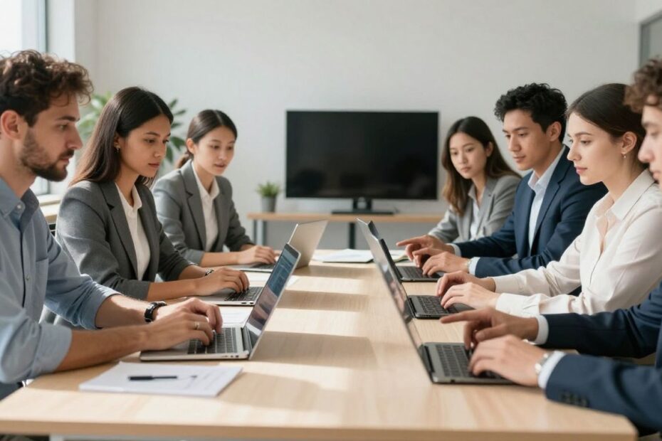 Administrators discussing technology in a modern office.