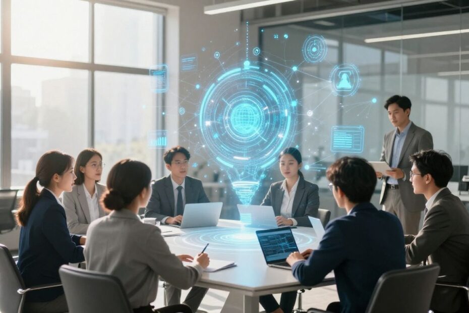 People working with technology in a modern office setting.