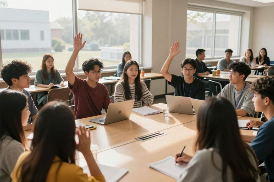 Students engaged in civic discussion on a college campus.