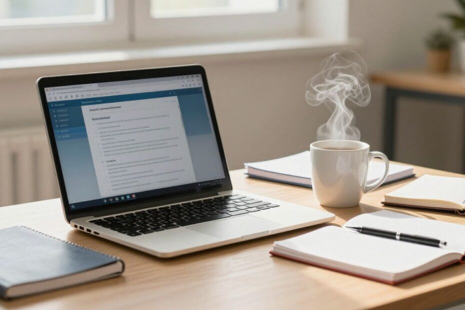 Desk with laptop, notebooks, and coffee, symbolizing higher education.