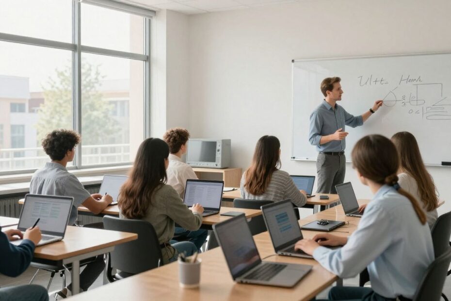Students using technology in a bright, modern classroom.