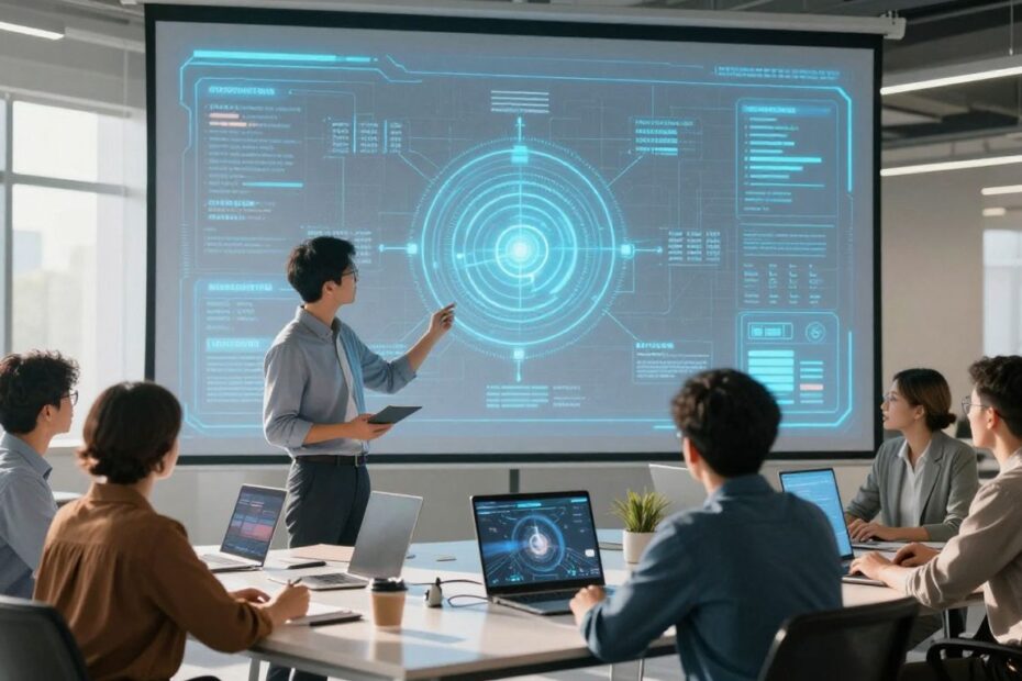Educational technology professionals interacting with a holographic learning interface.