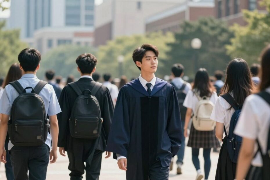 People in academic attire on a university campus.