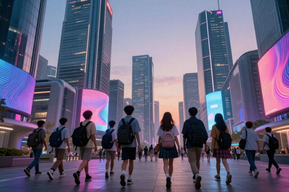 Futuristic cityscape with students and digital billboards.
